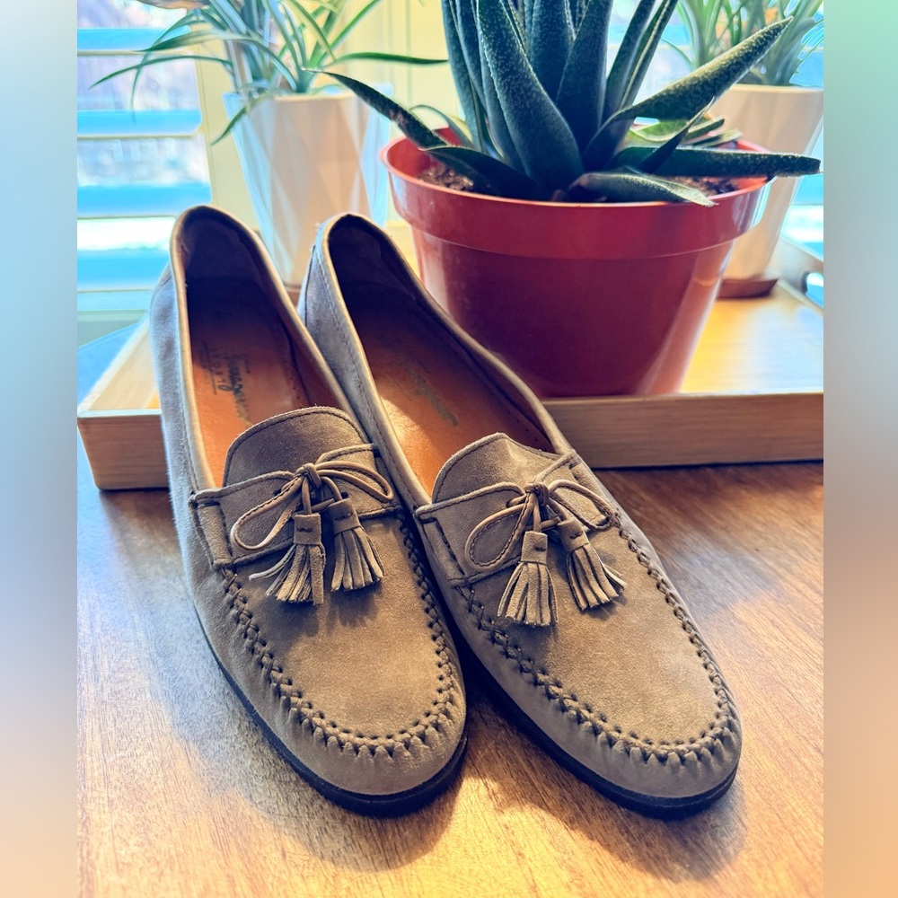 Salvatore Ferragamo Taupe Suede Tassel Loafers